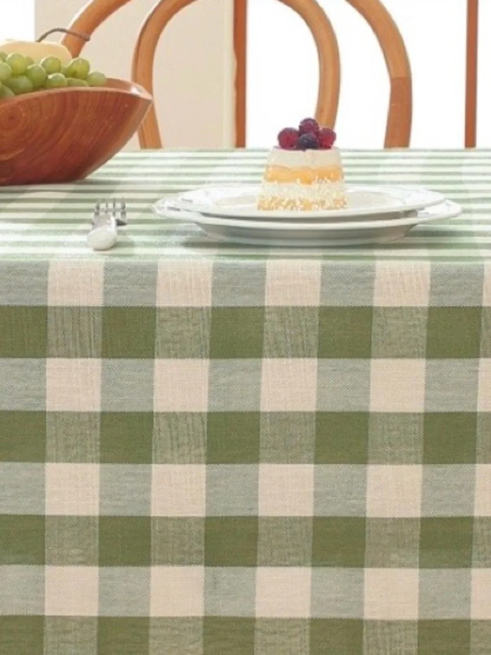 Farmhouse Checkered Tablecloth Cotton Linen Blend 60x75” GREEN WHITE